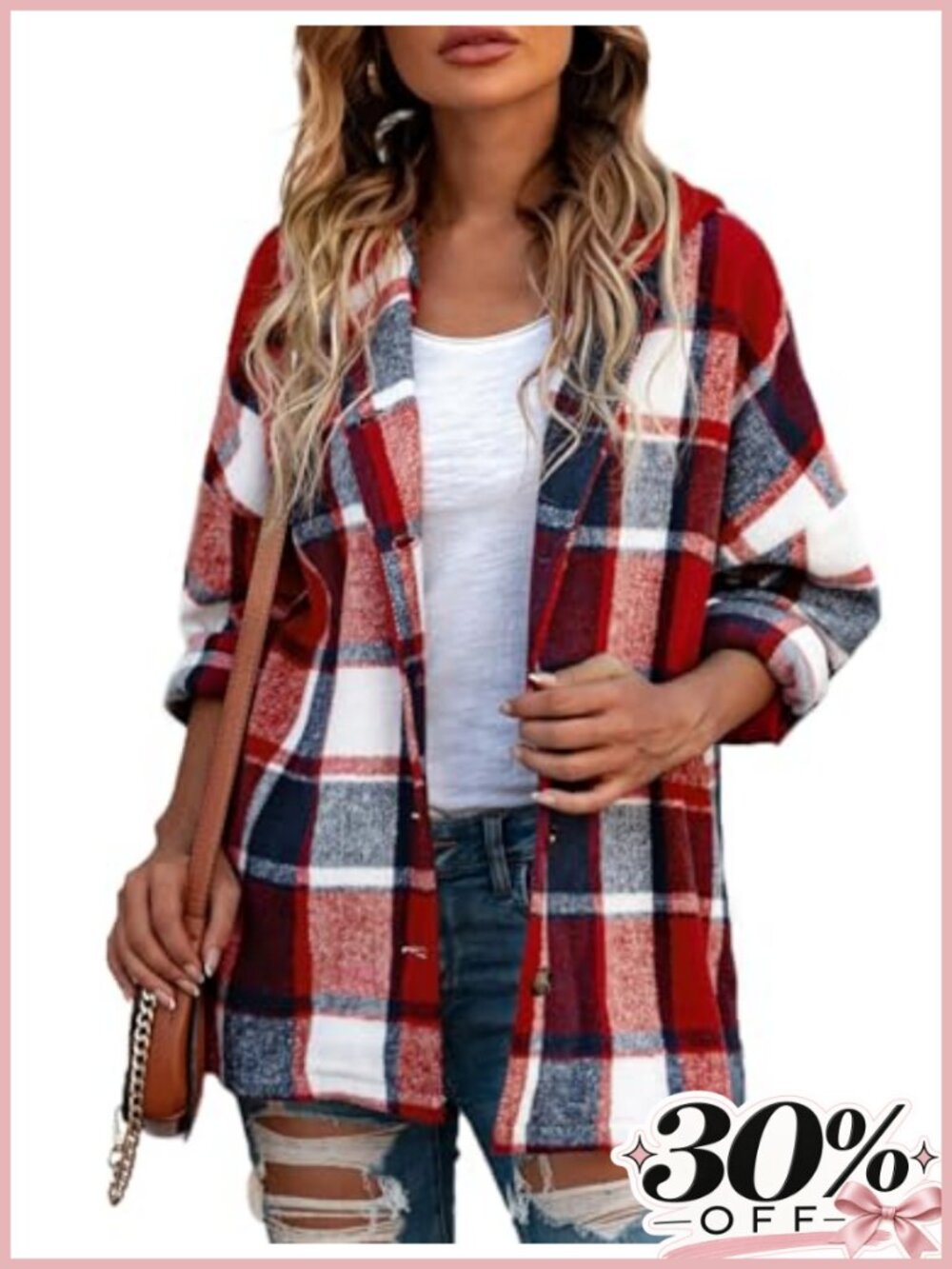 Women's Hooded Plaid Flannel Shacket Button Down Shirt Jacket